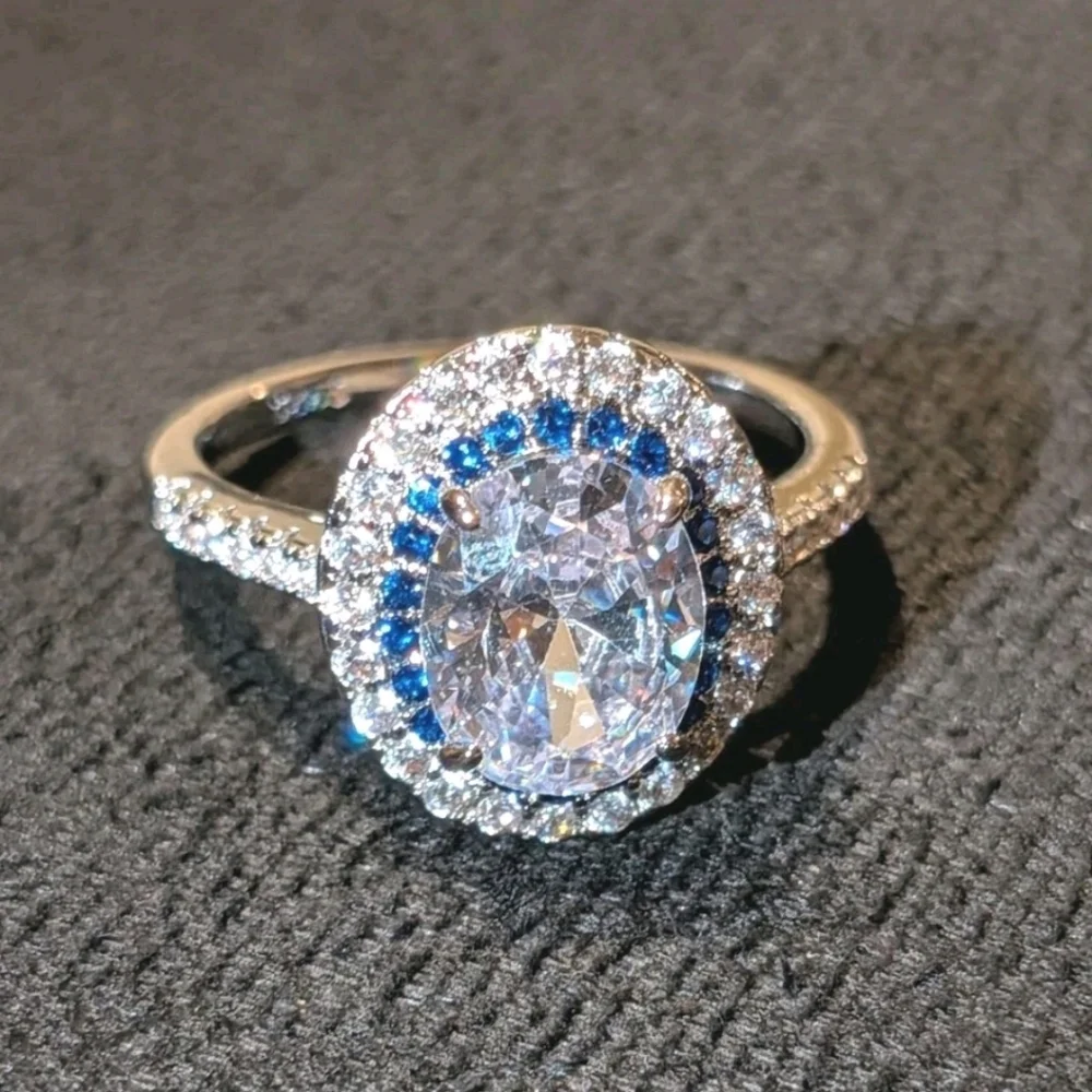 3Ct 925 Silver Oval Cut Blue Halo White Diamond Simulated Engagement Ring  Sz 10